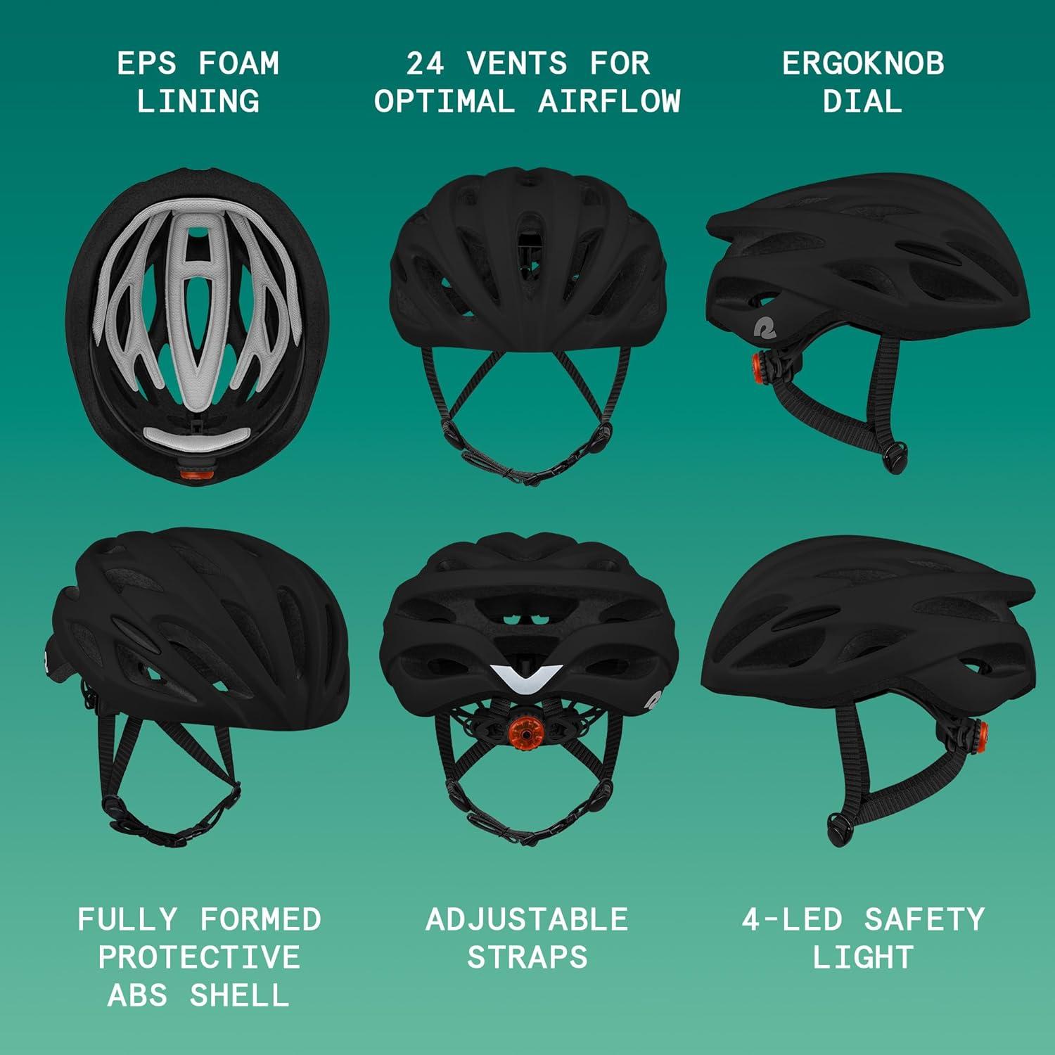 Retrospec Silas Road Bike Helmet with 24 Air Vents & Built-in LED Safety Light – Adjustable Adult Cycling Protection 54-61cm – Padded & Lightweight Design(Matte Black)