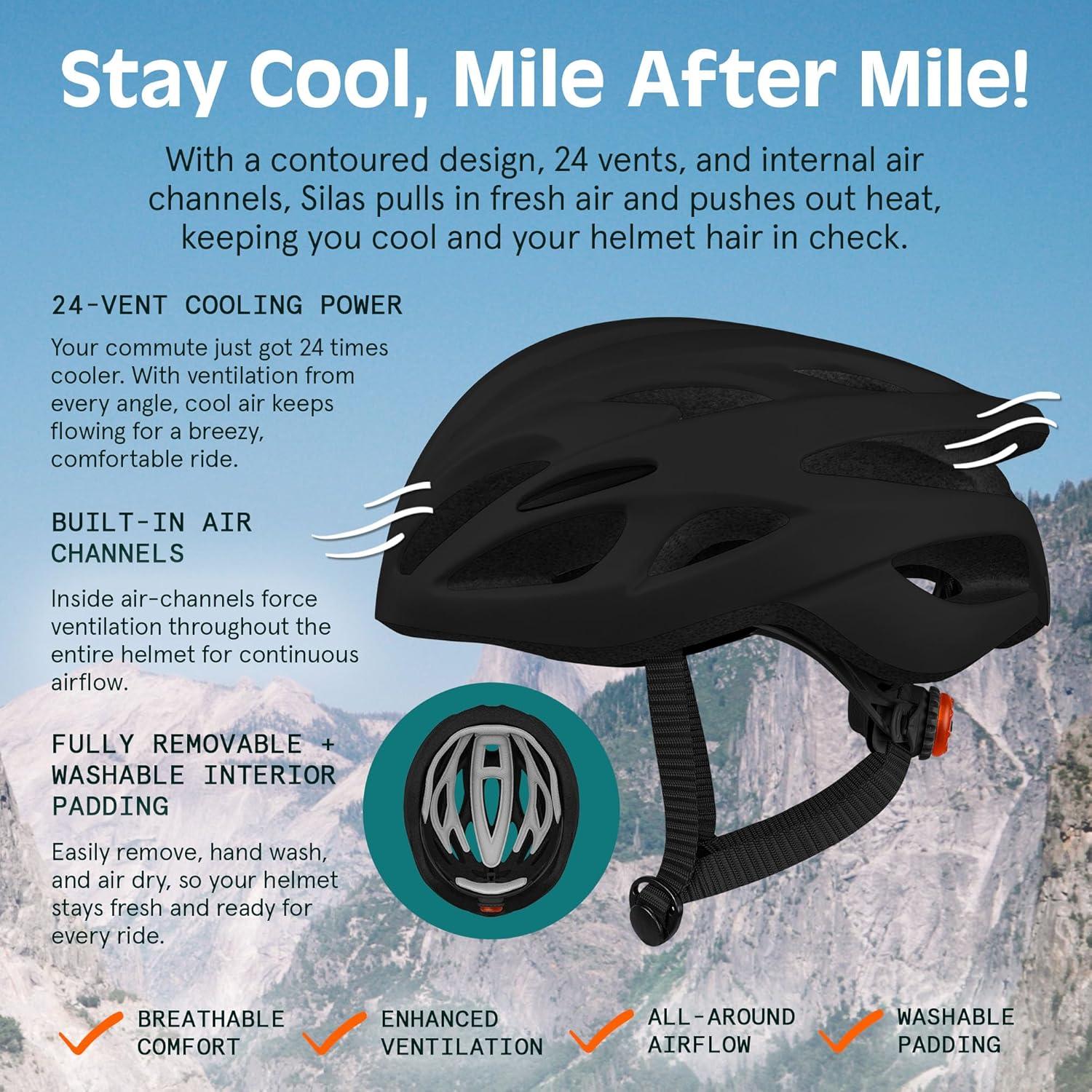 Retrospec Silas Road Bike Helmet with 24 Air Vents & Built-in LED Safety Light – Adjustable Adult Cycling Protection 54-61cm – Padded & Lightweight Design(Matte Black)