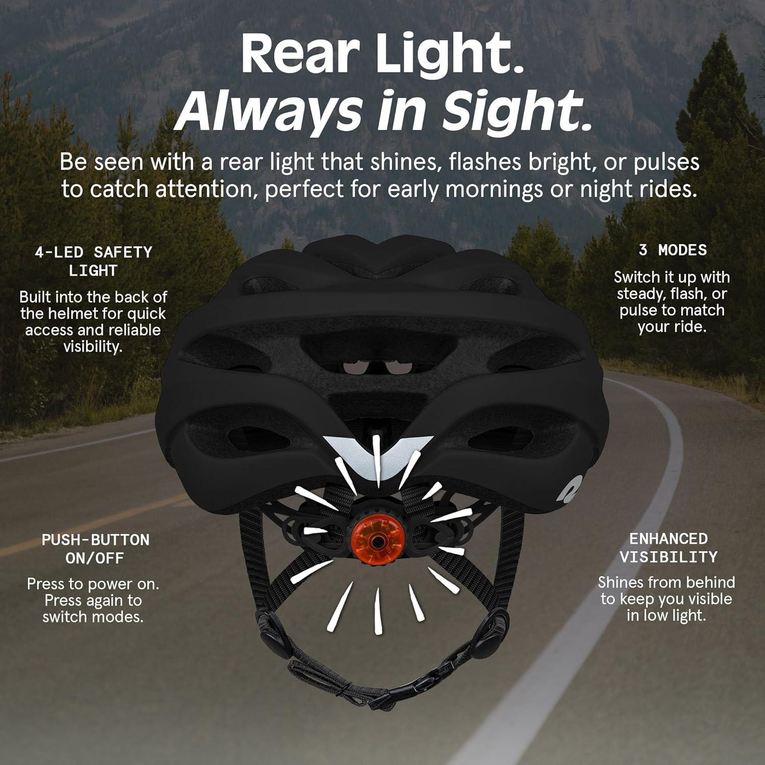 Retrospec Silas Road Bike Helmet with 24 Air Vents & Built-in LED Safety Light – Adjustable Adult Cycling Protection 54-61cm – Padded & Lightweight Design(Matte Black)