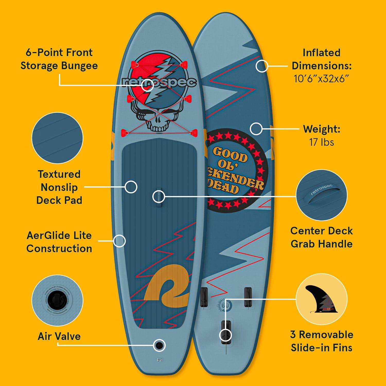 Retrospec Weekender Inflatable Stand Up Paddle Board Includes Paddle, Pump, and Accessories 10’6 Lightweight iSUP, Puncture Resistant Inflatable Paddle Board for Adults(Grateful Dead)