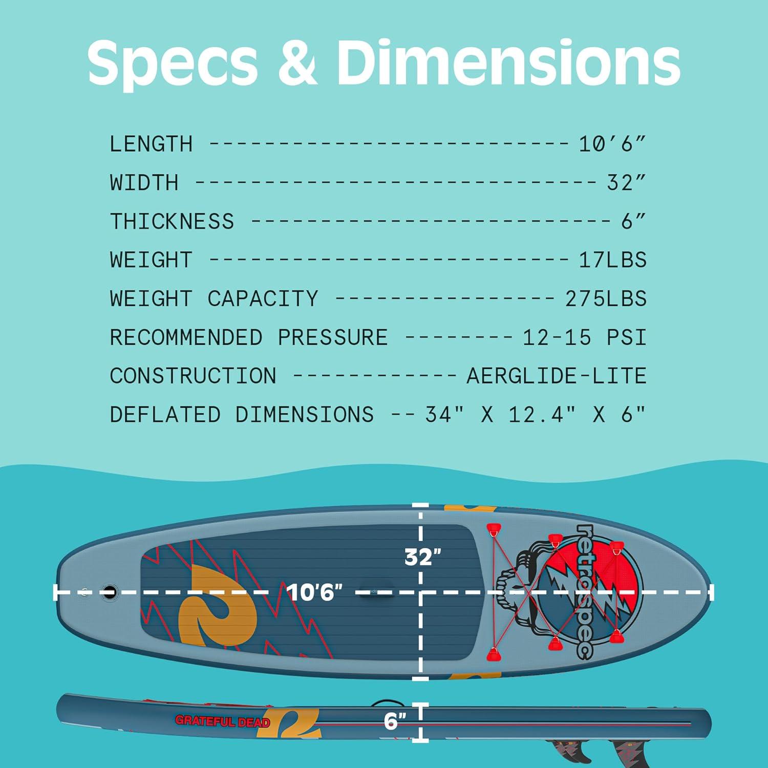 Retrospec Weekender Inflatable Stand Up Paddle Board Includes Paddle, Pump, and Accessories 10’6 Lightweight iSUP, Puncture Resistant Inflatable Paddle Board for Adults(Grateful Dead)