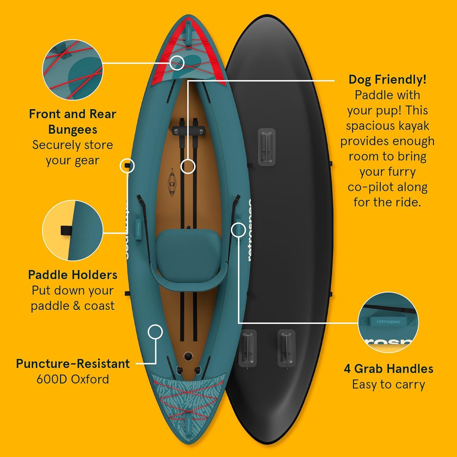 Retrospec Coaster Single & Tandem Inflatable Kayak for Adults, 220 & 440lb Weight Capacity, Lightweight with Paddle & Pump(Aegean Tide)