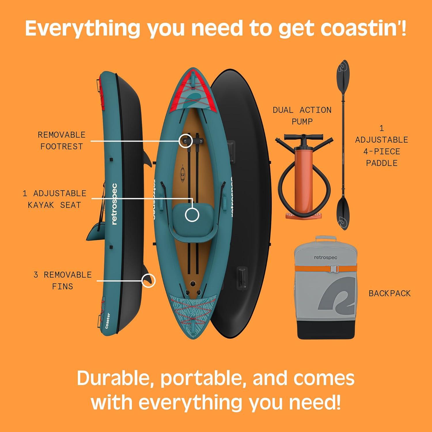 Retrospec Coaster Single & Tandem Inflatable Kayak for Adults, 220 & 440lb Weight Capacity, Lightweight with Paddle & Pump(Aegean Tide)