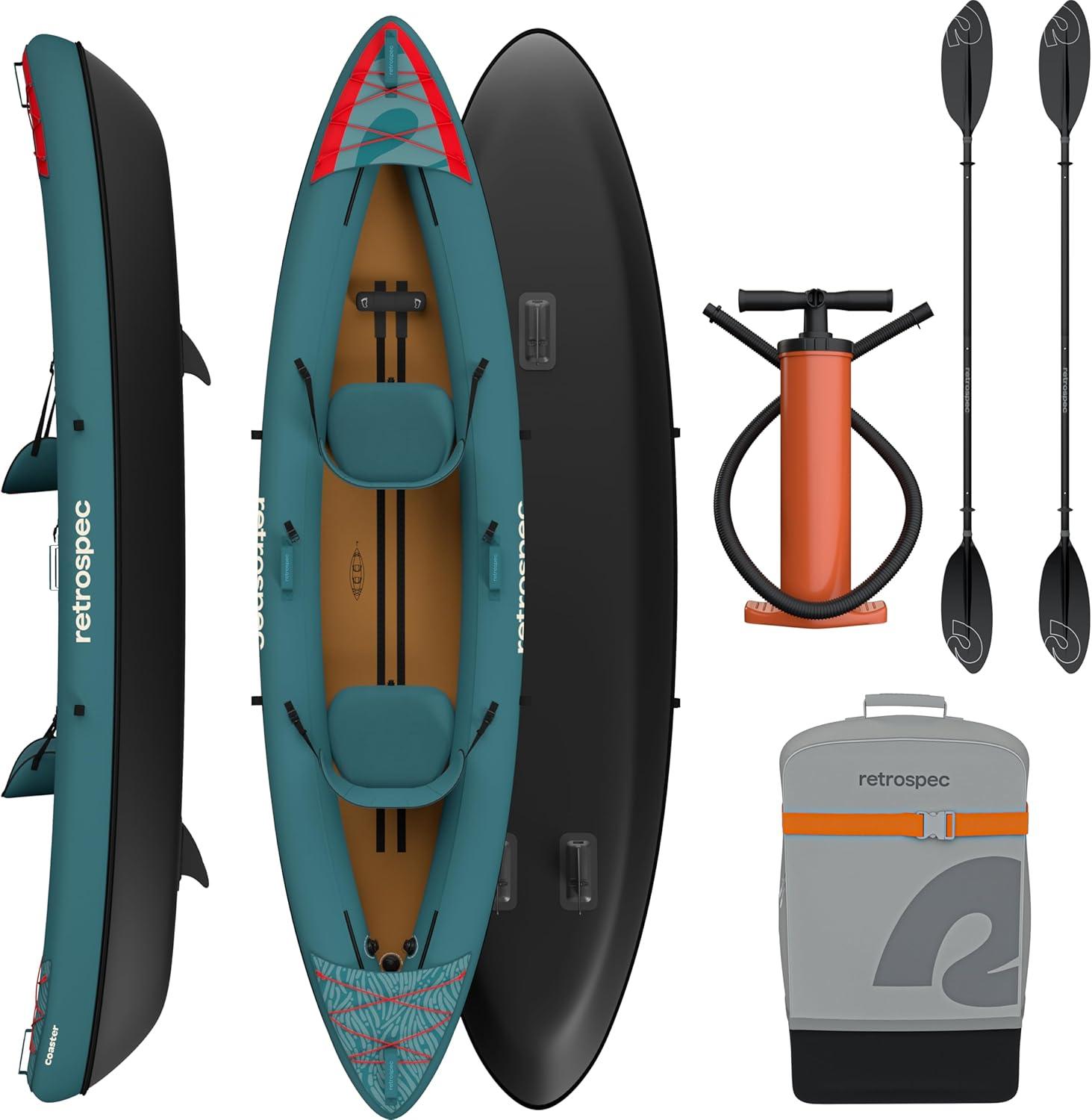 Retrospec Coaster Single & Tandem Inflatable Kayak for Adults, 220 & 440lb Weight Capacity, Lightweight with Paddle & Pump(Aegean Tide)