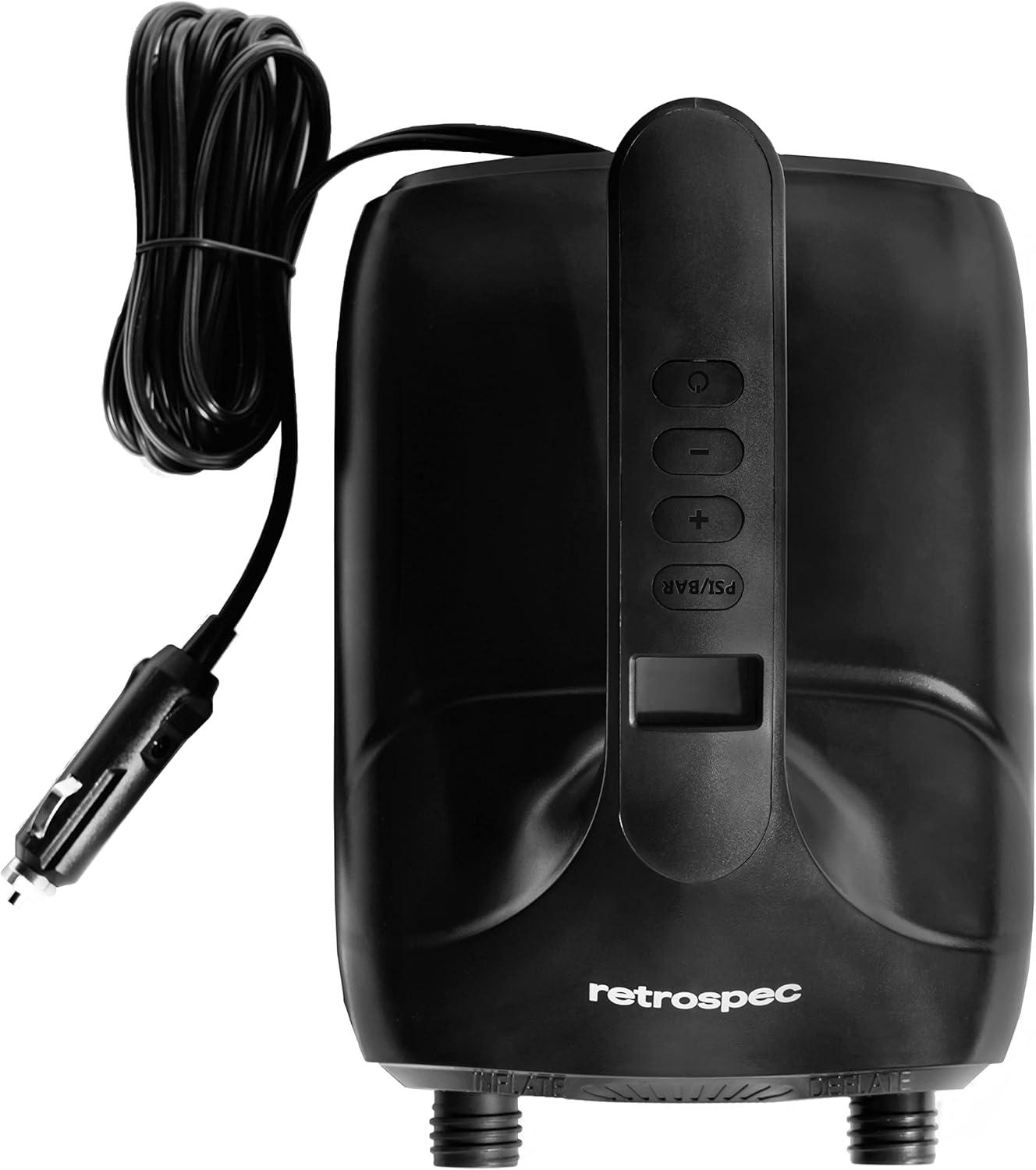 Retrospec iSUP Intelligent Dual Stage Electric Pump for Inflatable Stand Up Paddleboards – 12 Volt DC Car Connector Pump w/Pressure Value LCD Screen & Flex-Hose – Portable & Compact(Black)