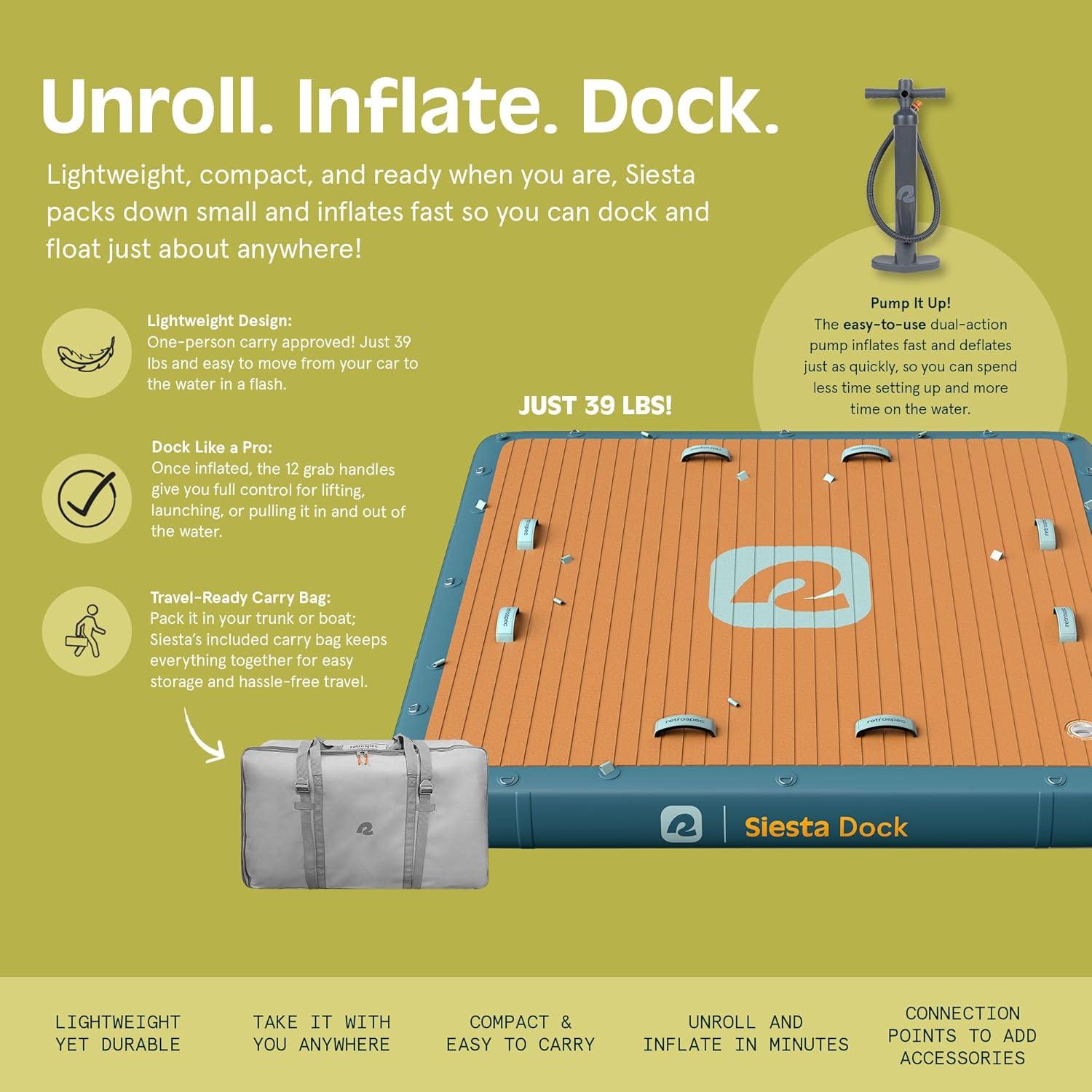 Retrospec Siesta Dock 7′ & 10′ XL Inflatable Floating Platform – Lake & Pool Essential with 1050lb & 1500lb Capacity – Multi-Person Water Dock with D-Rings & Pump(7′ x 7′)