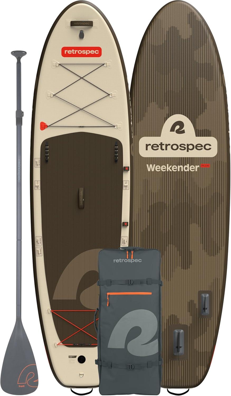 Retrospec Weekender Plus 10′ Inflatable Stand Up Paddleboard Double Layer PVC iSUP Bundle w/Carrying case, 3 Piece Adjustable Aluminum Paddle, 3 Removable fins, Pump, and Cell Phone case(Bonsai Camo)
