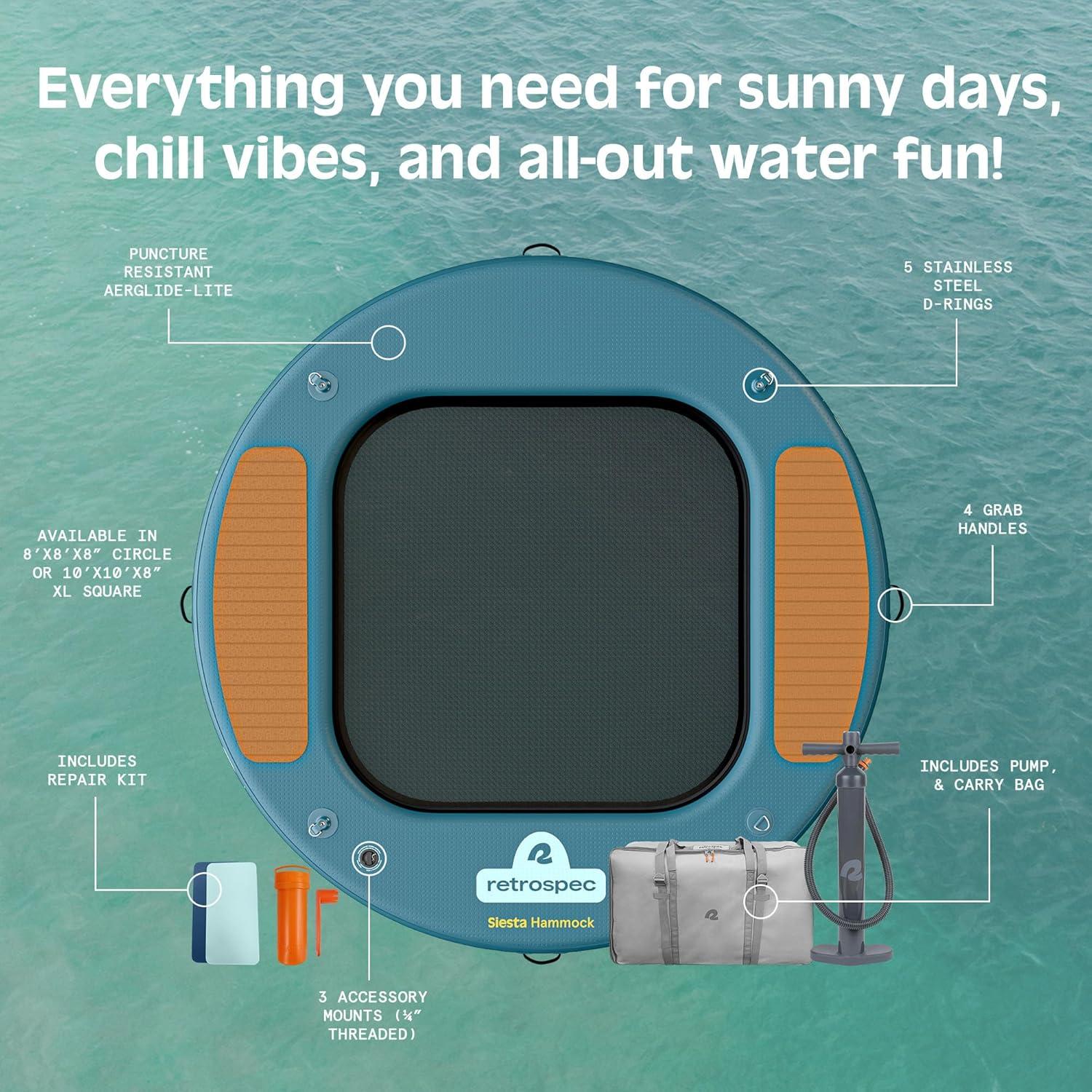 Retrospec Siesta Hammock 8′ & 10′ XL Inflatable Water Platform – Floating Dock with Cooling Mesh Center 660lb & 1150lb Capacity Puncture-Resistant Pool Float for Adults Lake & Ocean(Circle 8′)