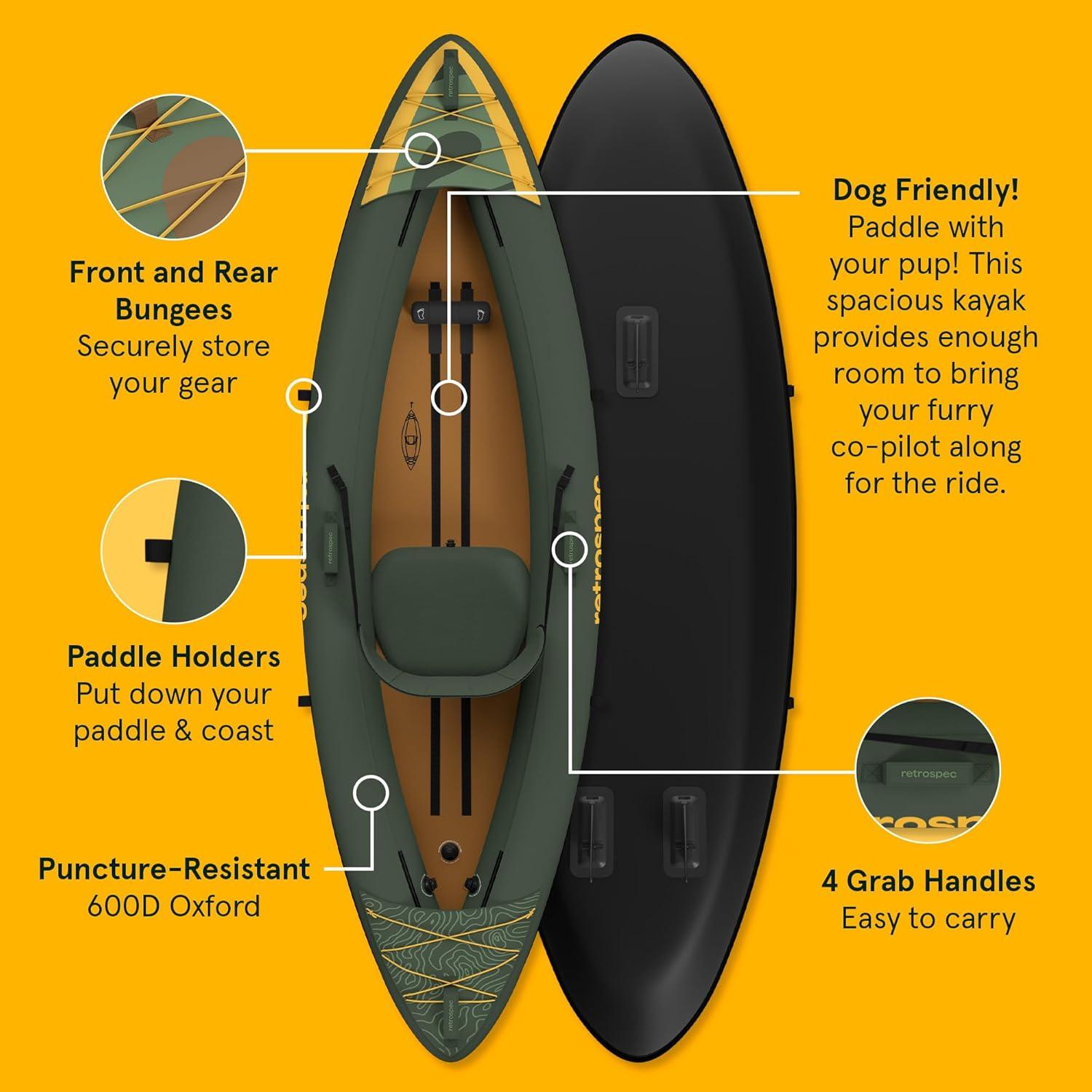 Retrospec Coaster Single & Tandem Inflatable Kayak for Adults, 220 & 440lb Weight Capacity, Lightweight with Paddle & Pump(Wild Spruce)
