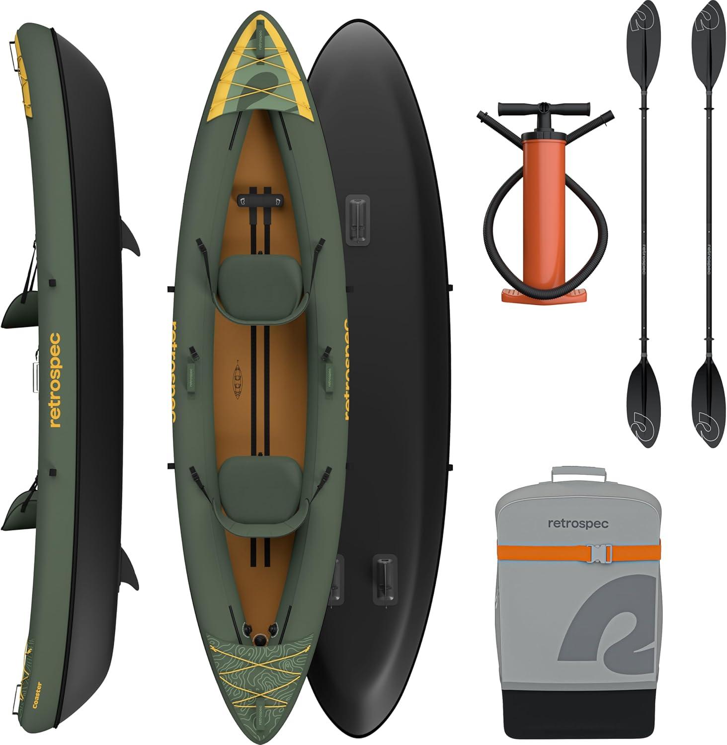 Retrospec Coaster Single & Tandem Inflatable Kayak for Adults, 220 & 440lb Weight Capacity, Lightweight with Paddle & Pump(Wild Spruce)