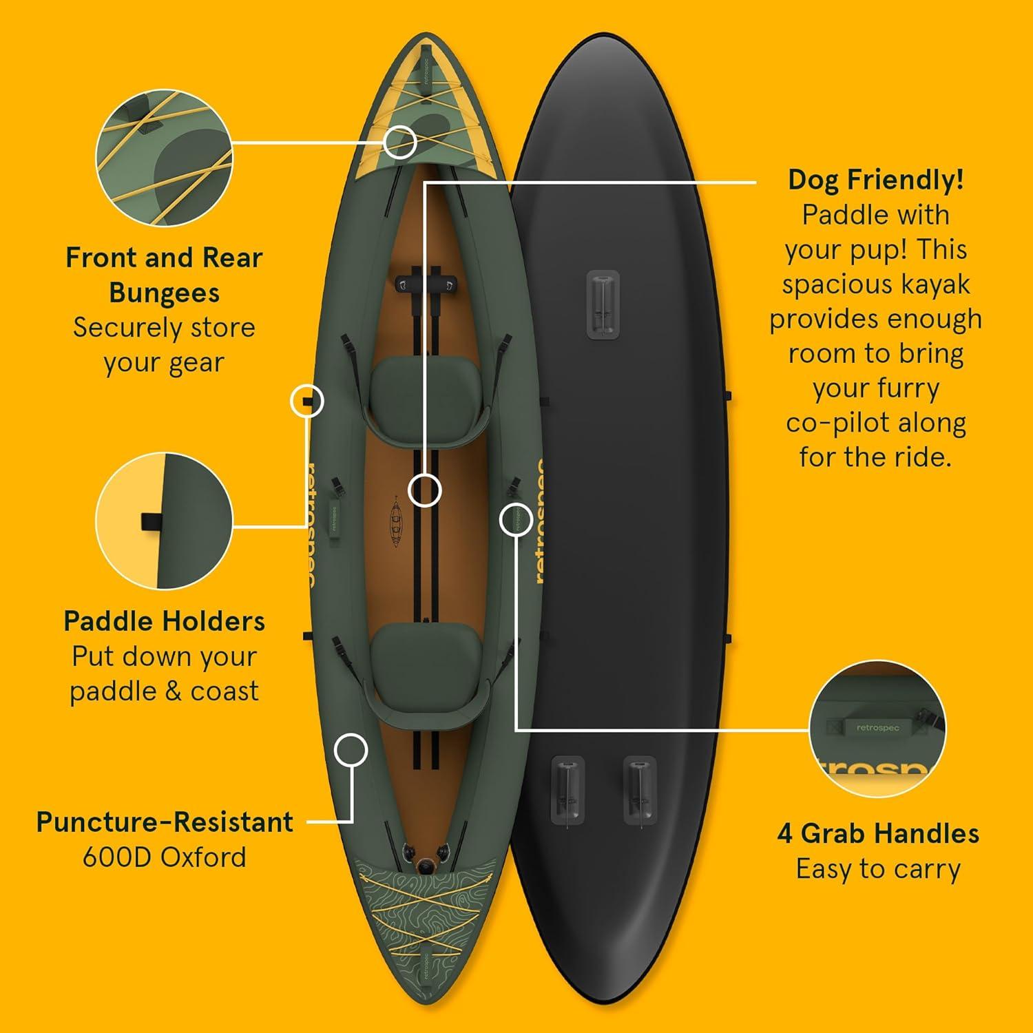Retrospec Coaster Single & Tandem Inflatable Kayak for Adults, 220 & 440lb Weight Capacity, Lightweight with Paddle & Pump(Wild Spruce)