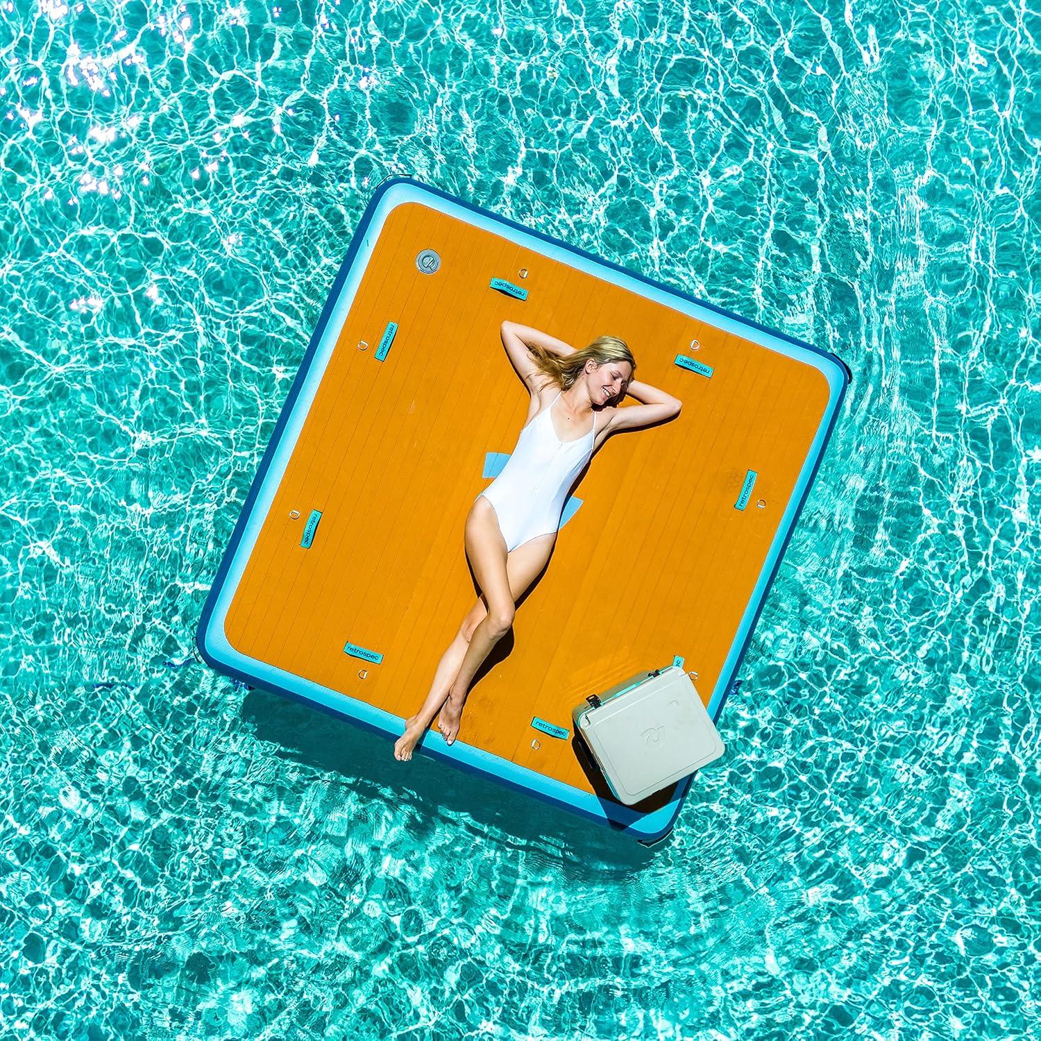 Retrospec Weekender Dock Inflatable Platform for Beach, River, Lake & Pool – Recreational Floating Island Raft with Non-Slip Surface – Dual-Action Pump & Carrying Bag – 7 Ft x 7 Ft