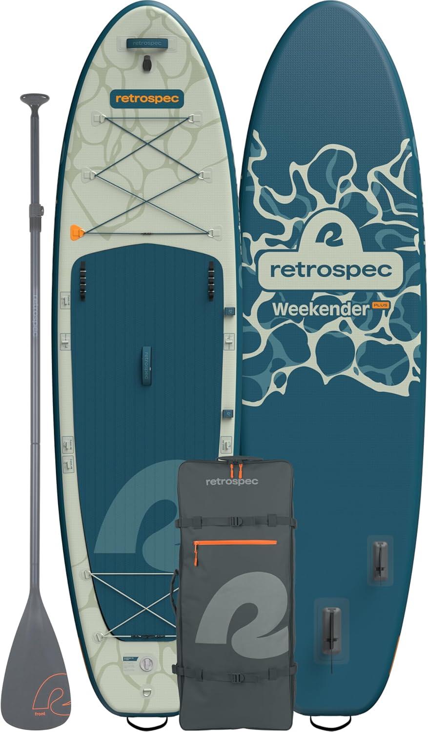 Retrospec Weekender Plus 10′ Inflatable Stand Up Paddleboard Double Layer PVC iSUP Bundle w/Carrying case, 3 Piece Adjustable Aluminum Paddle, 3 Removable fins, Pump, and Cell Phone case(River Ripple)
