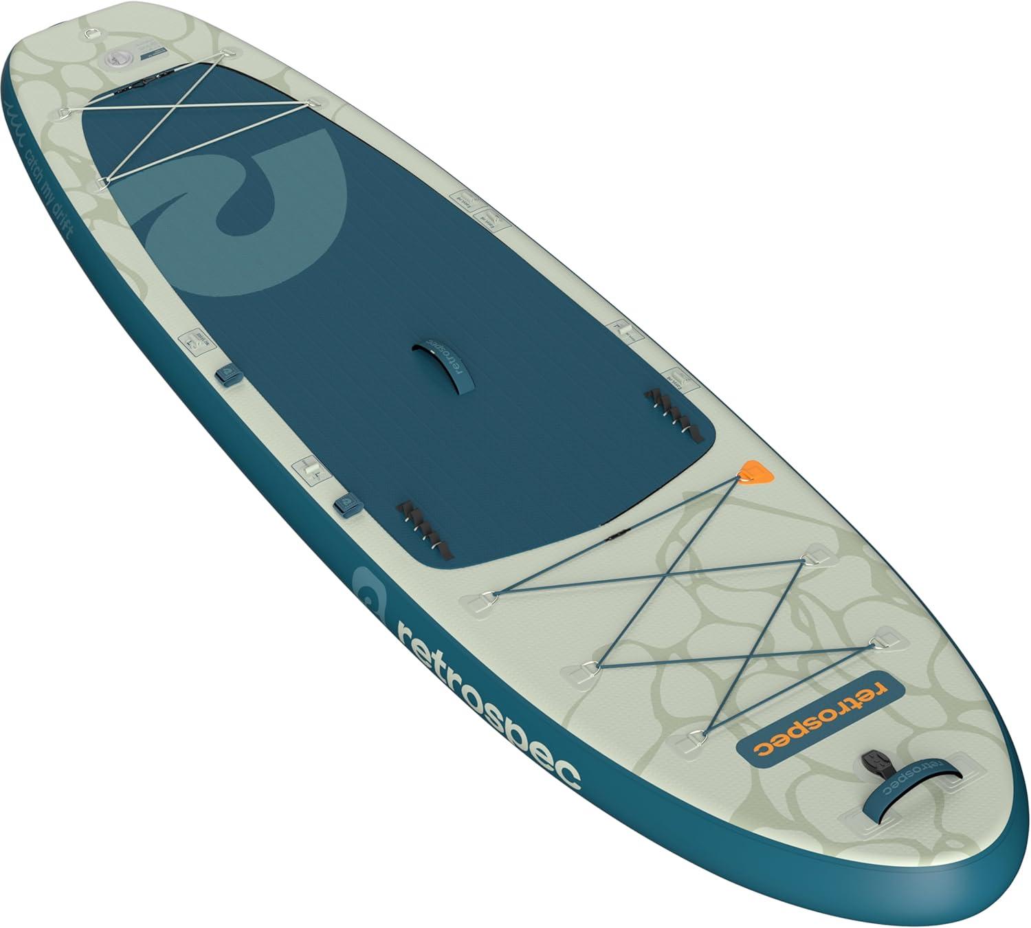 Retrospec Weekender Plus 10′ Inflatable Stand Up Paddleboard Double Layer PVC iSUP Bundle w/Carrying case, 3 Piece Adjustable Aluminum Paddle, 3 Removable fins, Pump, and Cell Phone case(River Ripple)