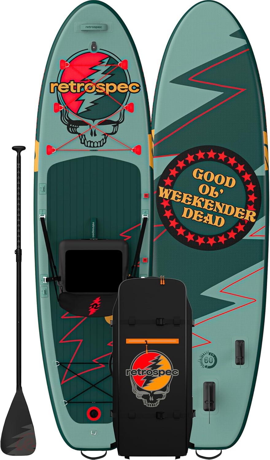Retrospec Weekender Plus 10′ Inflatable Stand Up Paddleboard Double Layer PVC iSUP Bundle w/Carrying case, 3 Piece Adjustable Aluminum Paddle, 3 Removable fins, Pump, and Cell Phone case(Grateful Dead)