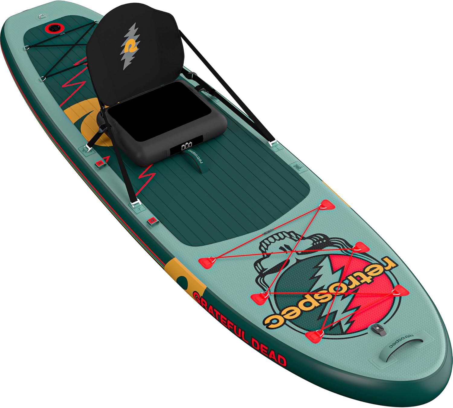 Retrospec Weekender Plus 10′ Inflatable Stand Up Paddleboard Double Layer PVC iSUP Bundle w/Carrying case, 3 Piece Adjustable Aluminum Paddle, 3 Removable fins, Pump, and Cell Phone case(Grateful Dead)