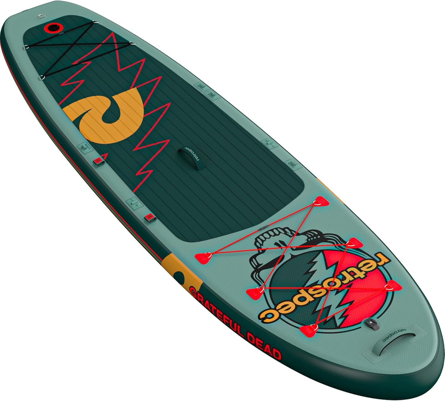Retrospec Weekender Plus 10′ Inflatable Stand Up Paddleboard Double Layer PVC iSUP Bundle w/Carrying case, 3 Piece Adjustable Aluminum Paddle, 3 Removable fins, Pump, and Cell Phone case(Grateful Dead)