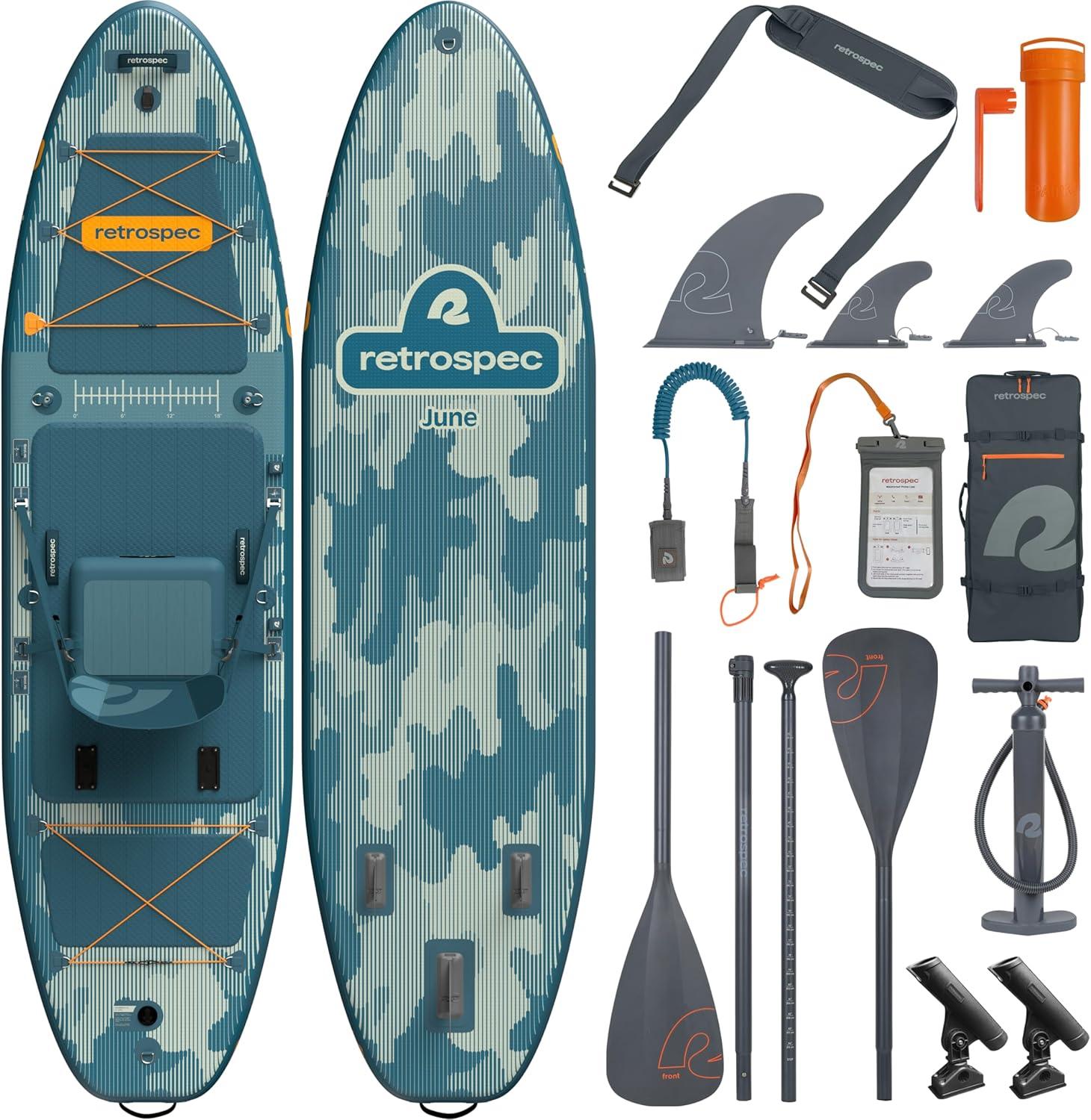 Retrospec June Inflatable Fishing Paddle Board 11’6 with Removable Seat – Puncture-Resistant Paddle Board for Fishing with Rod Holders, Non-Slip Deck Pad & Accessories(River Rock)