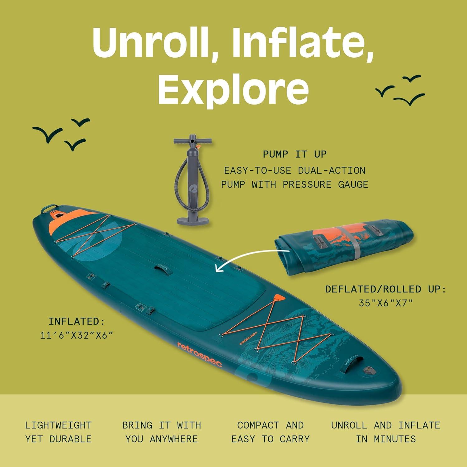 Retrospec Weekender Tour 11’6 Inflatable Stand Up Touring Paddle Board Includes Paddle, Pump and iSUP Accessories Puncture Resistant, Lightweight Inflatable Paddle Board