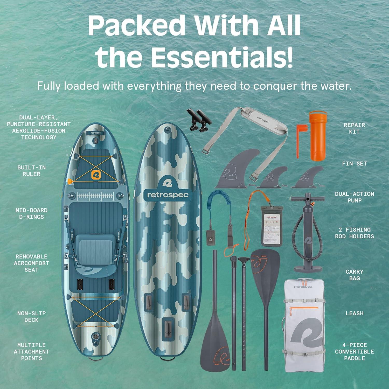 Retrospec June Nano Kids Inflatable Fishing Paddle Board SUP Kayak: 9’6″ Hybrid Paddleboard with Rod Holders, Removable Seat – Lightweight Portable Youth Fishing Board(River Rock Legacy)