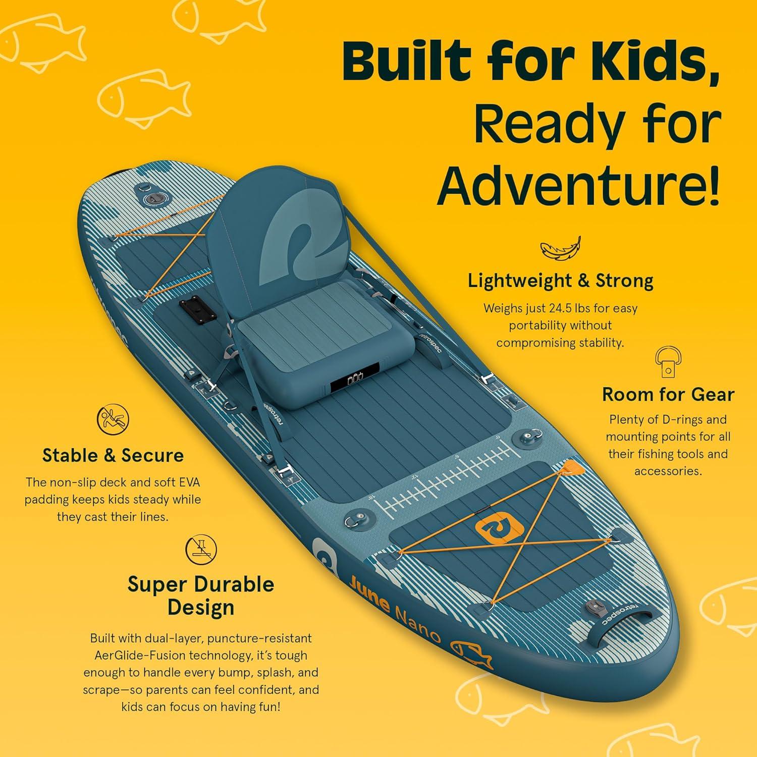 Retrospec June Nano Kids Inflatable Fishing Paddle Board SUP Kayak: 9’6″ Hybrid Paddleboard with Rod Holders, Removable Seat – Lightweight Portable Youth Fishing Board(River Rock Legacy)
