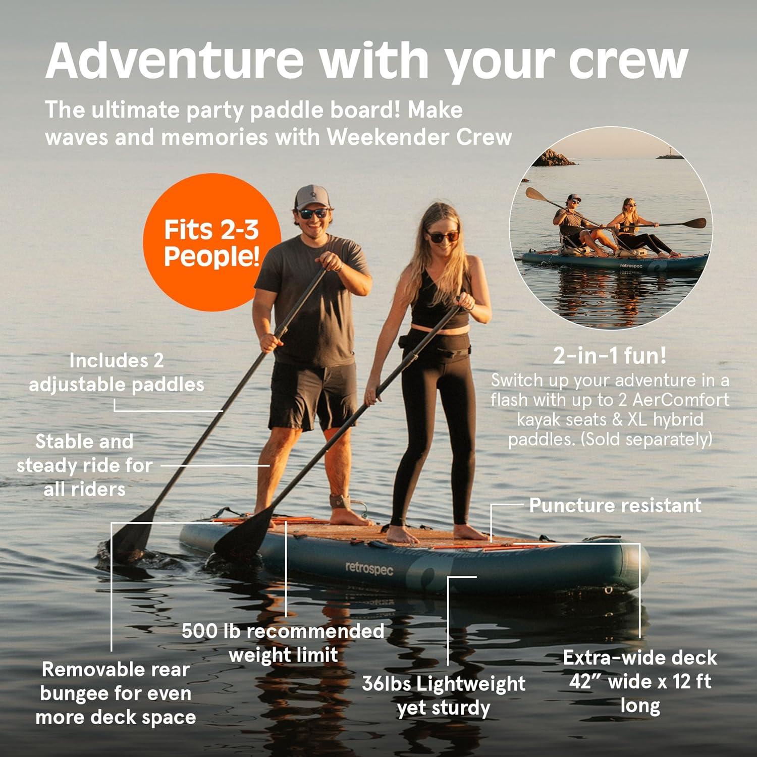 Retrospec Weekender Crew Inflatable Paddle Board – 12ft & 15ft XL Multi-Person iSUP with 400 & 1050lb Capacity & No-Slip Deck – Includes 2 Paddles & Accessories
