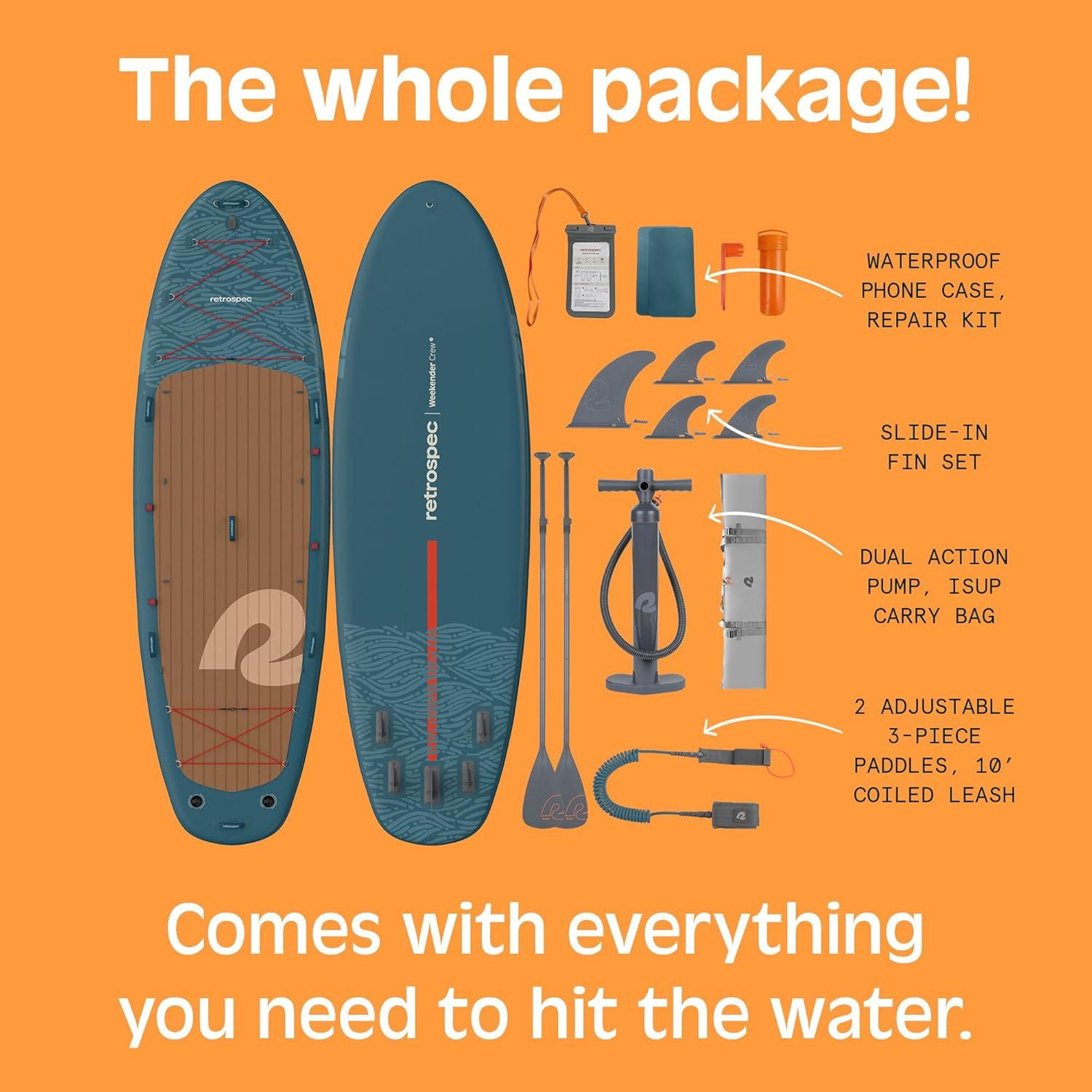 Retrospec Weekender Crew Inflatable Paddle Board – 12ft & 15ft XL Multi-Person iSUP with 400 & 1050lb Capacity & No-Slip Deck – Includes 2 Paddles & Accessories