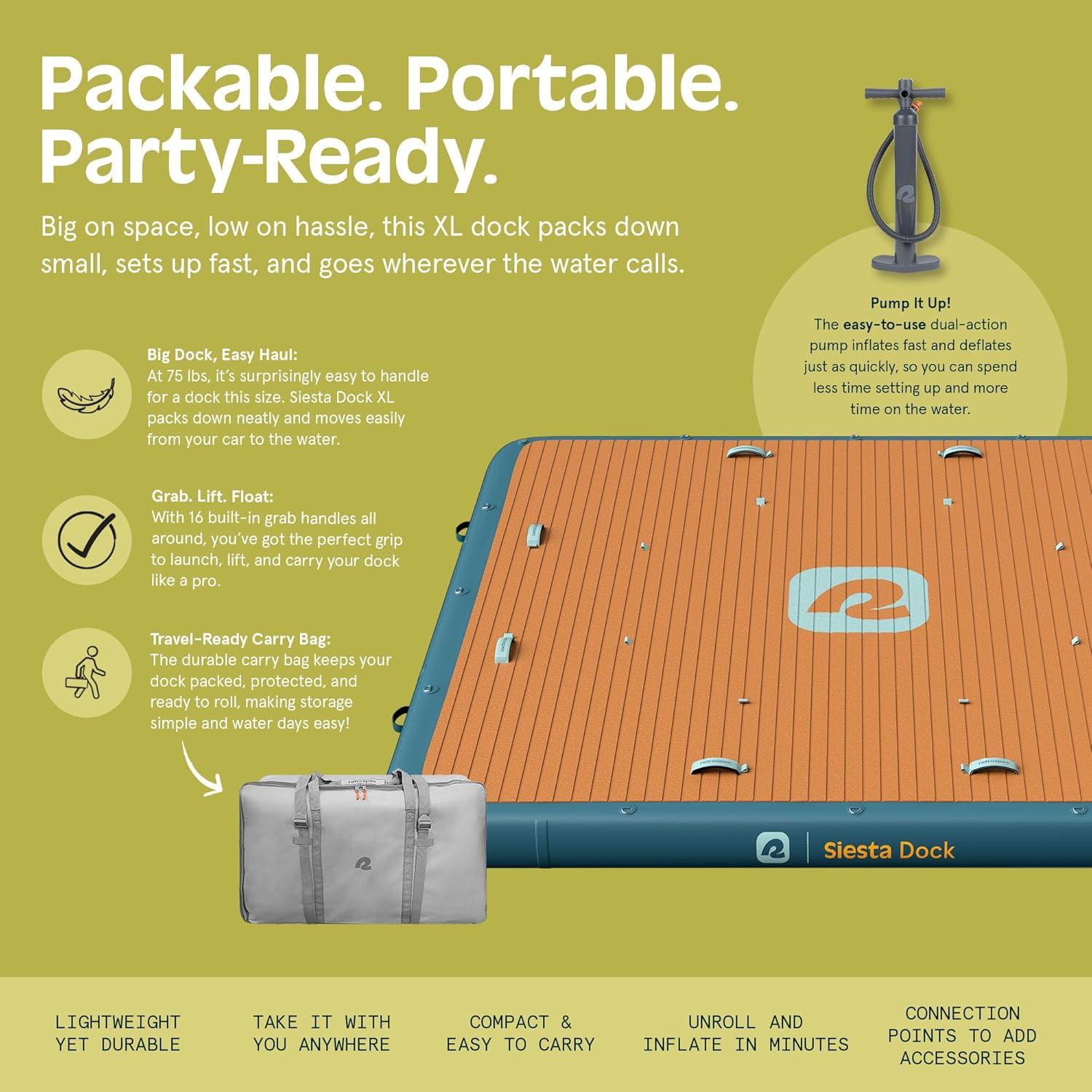 Retrospec Siesta Dock 7′ & 10′ XL Inflatable Floating Platform – Lake & Pool Essential with 1050lb & 1500lb Capacity – Multi-Person Water Dock with D-Rings & Pump(XL 10′ x 10′)