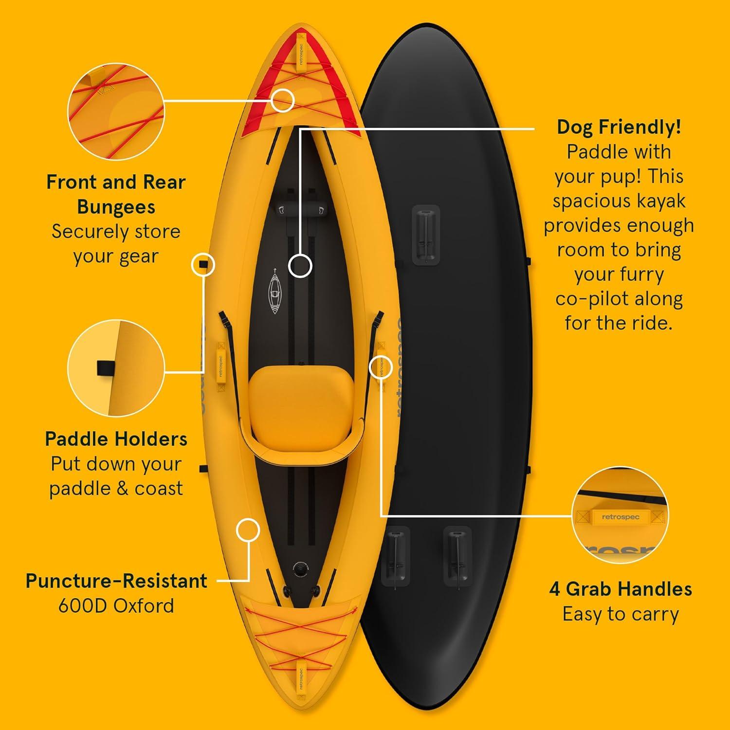 Retrospec Coaster Single & Tandem Inflatable Kayak for Adults, 220 & 440lb Weight Capacity, Lightweight with Paddle & Pump(Sunglow)