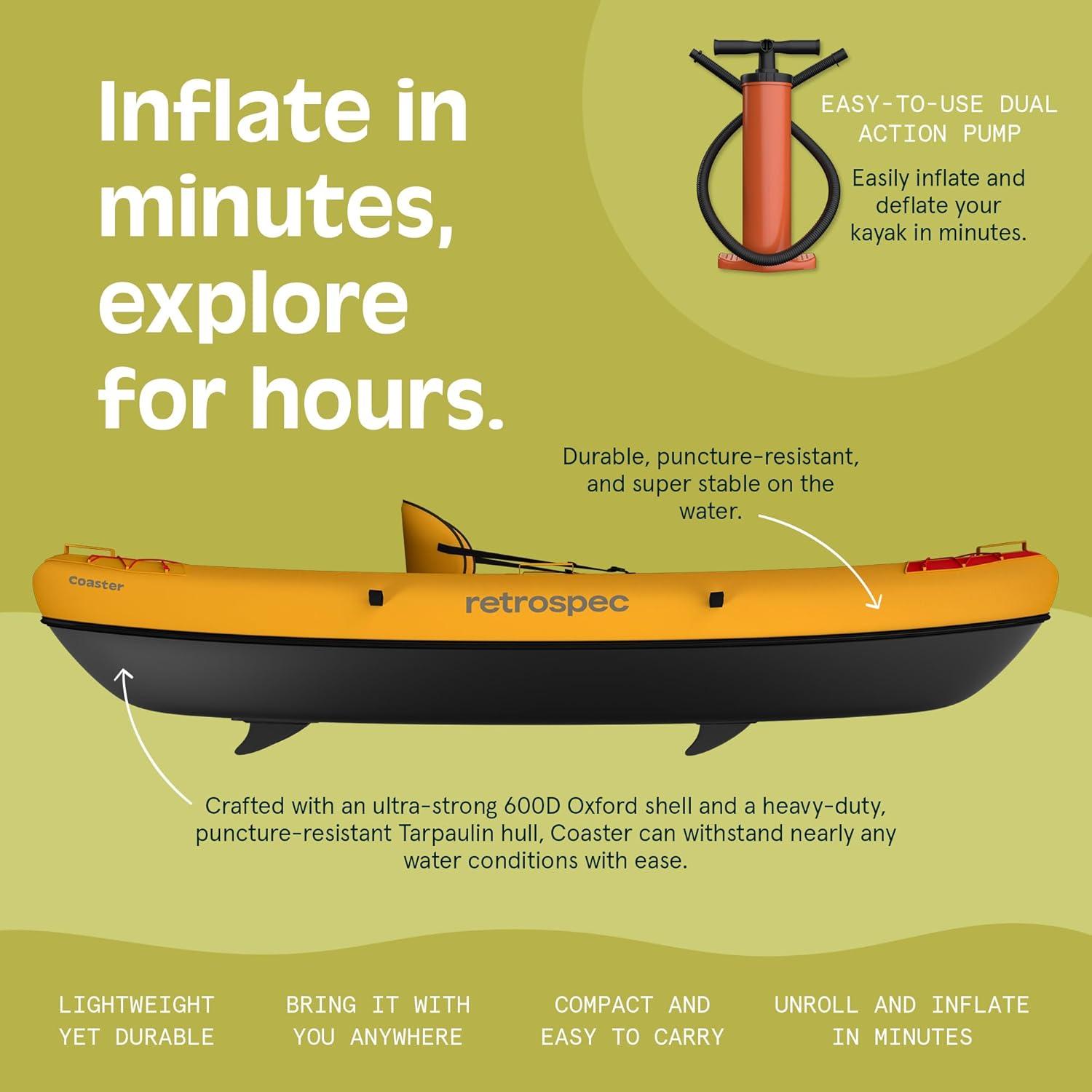 Retrospec Coaster Single & Tandem Inflatable Kayak for Adults, 220 & 440lb Weight Capacity, Lightweight with Paddle & Pump(Sunglow)