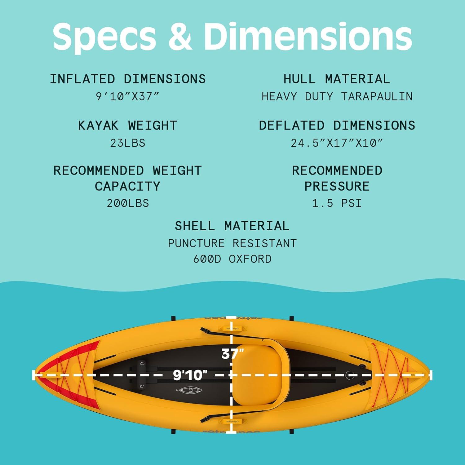 Retrospec Coaster Single & Tandem Inflatable Kayak for Adults, 220 & 440lb Weight Capacity, Lightweight with Paddle & Pump(Sunglow)