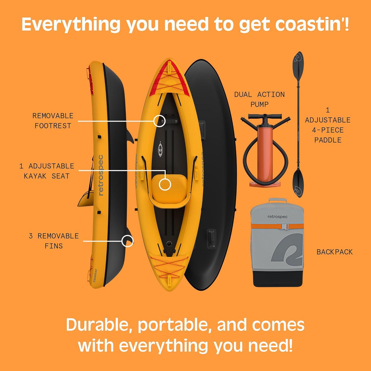 Retrospec Coaster Single & Tandem Inflatable Kayak for Adults, 220 & 440lb Weight Capacity, Lightweight with Paddle & Pump(Sunglow)