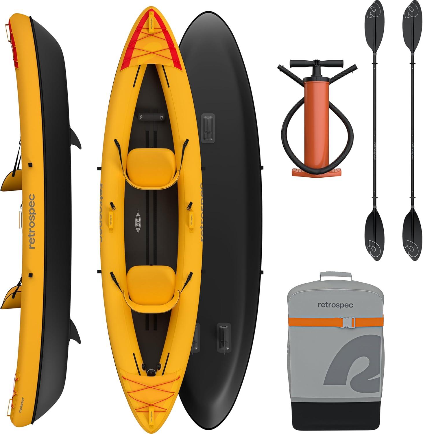 Retrospec Coaster Single & Tandem Inflatable Kayak for Adults, 220 & 440lb Weight Capacity, Lightweight with Paddle & Pump(Sunglow)