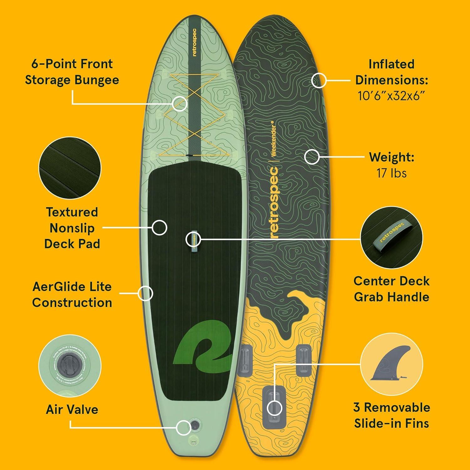 Retrospec Weekender Inflatable Stand Up Paddle Board Includes Paddle, Pump, and Accessories 10’6 Lightweight iSUP, Puncture Resistant Inflatable Paddle Board for Adults(Wild Spruce (Legacy))