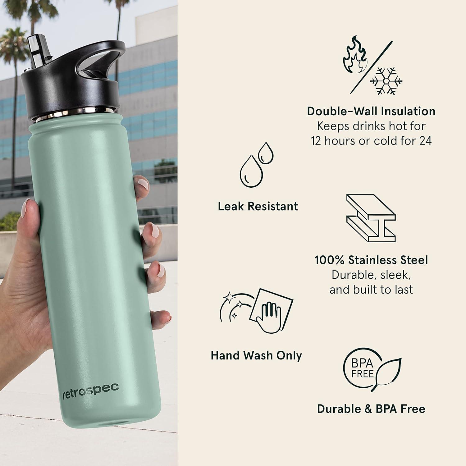 Retrospec Alder Insulated Water Bottle with Straw Lid & Handle Cap – Stainless Steel Wide Mouth Double-Wall Vacuum Insulated Thermos – BPA Free Leakproof Canteen(Pistachio)
