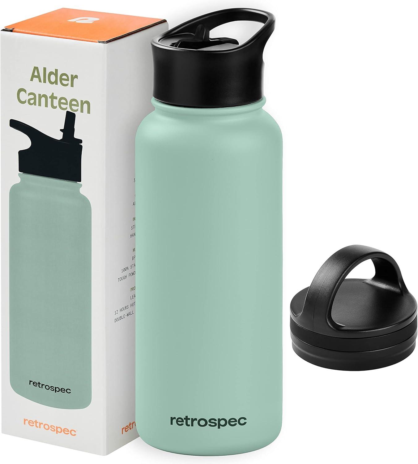 Retrospec Alder Insulated Water Bottle with Straw Lid & Handle Cap – Stainless Steel Wide Mouth Double-Wall Vacuum Insulated Thermos – BPA Free Leakproof Canteen(Pistachio)