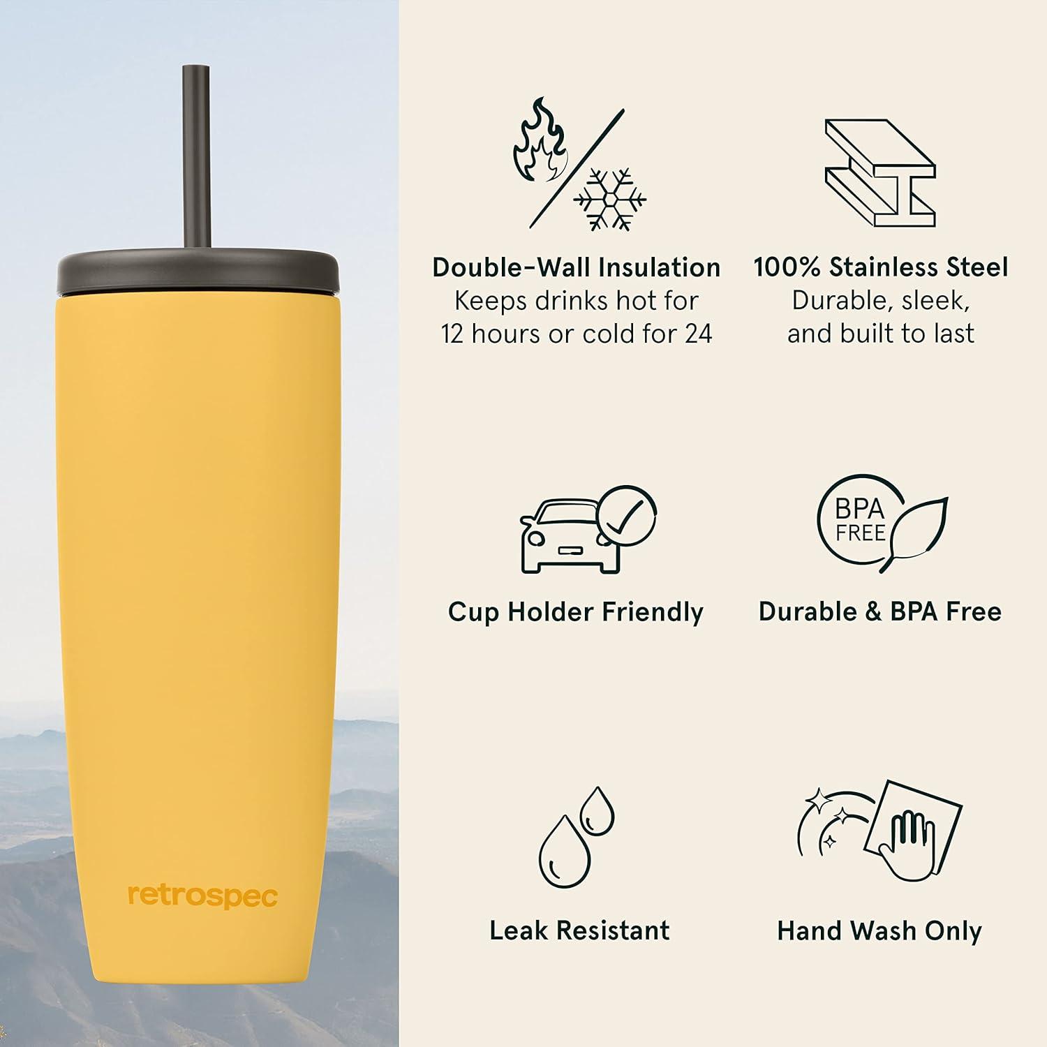 Retrospec Arroyo Stainless Steel Tumbler with Lid and Straw – Reusable Insulated Tumbler Cup – Iced Coffee Travel Mug – Double Walled Thermal Tumblers(Matte Honey)