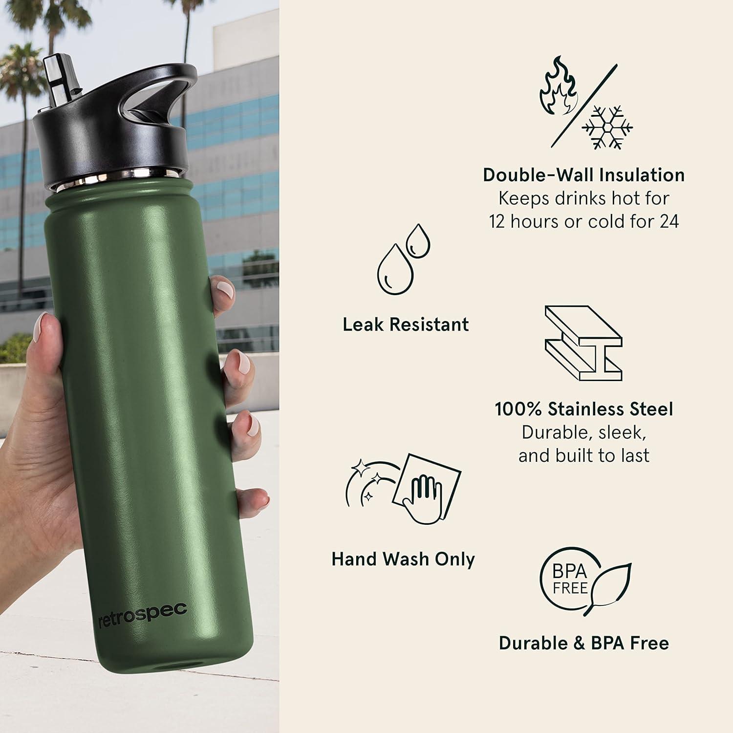 Retrospec Alder Insulated Water Bottle with Straw Lid & Handle Cap – Stainless Steel Wide Mouth Double-Wall Vacuum Insulated Thermos – BPA Free Leakproof Canteen(Olive Drab)