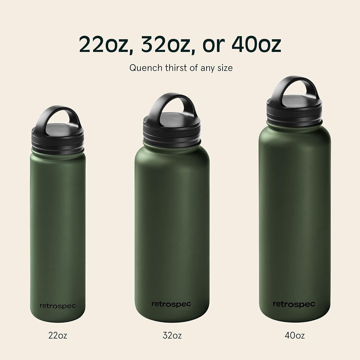 Retrospec Alder Insulated Water Bottle with Straw Lid & Handle Cap – Stainless Steel Wide Mouth Double-Wall Vacuum Insulated Thermos – BPA Free Leakproof Canteen(Olive Drab)