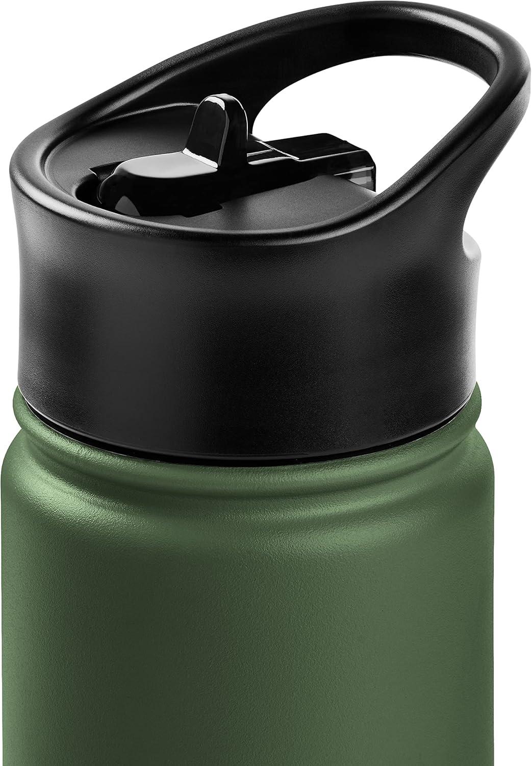 Retrospec Alder Insulated Water Bottle with Straw Lid & Handle Cap – Stainless Steel Wide Mouth Double-Wall Vacuum Insulated Thermos – BPA Free Leakproof Canteen(Olive Drab)