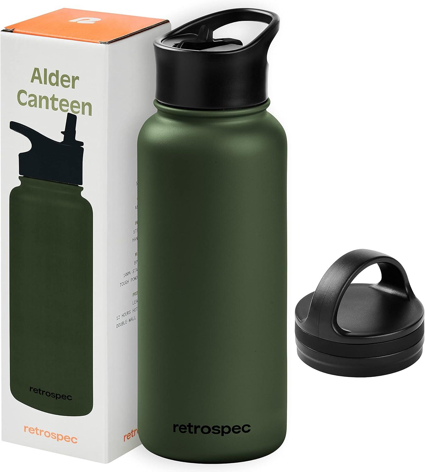 Retrospec Alder Insulated Water Bottle with Straw Lid & Handle Cap – Stainless Steel Wide Mouth Double-Wall Vacuum Insulated Thermos – BPA Free Leakproof Canteen(Olive Drab)