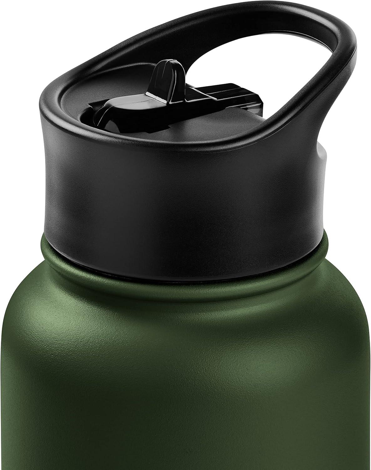 Retrospec Alder Insulated Water Bottle with Straw Lid & Handle Cap – Stainless Steel Wide Mouth Double-Wall Vacuum Insulated Thermos – BPA Free Leakproof Canteen(Olive Drab)