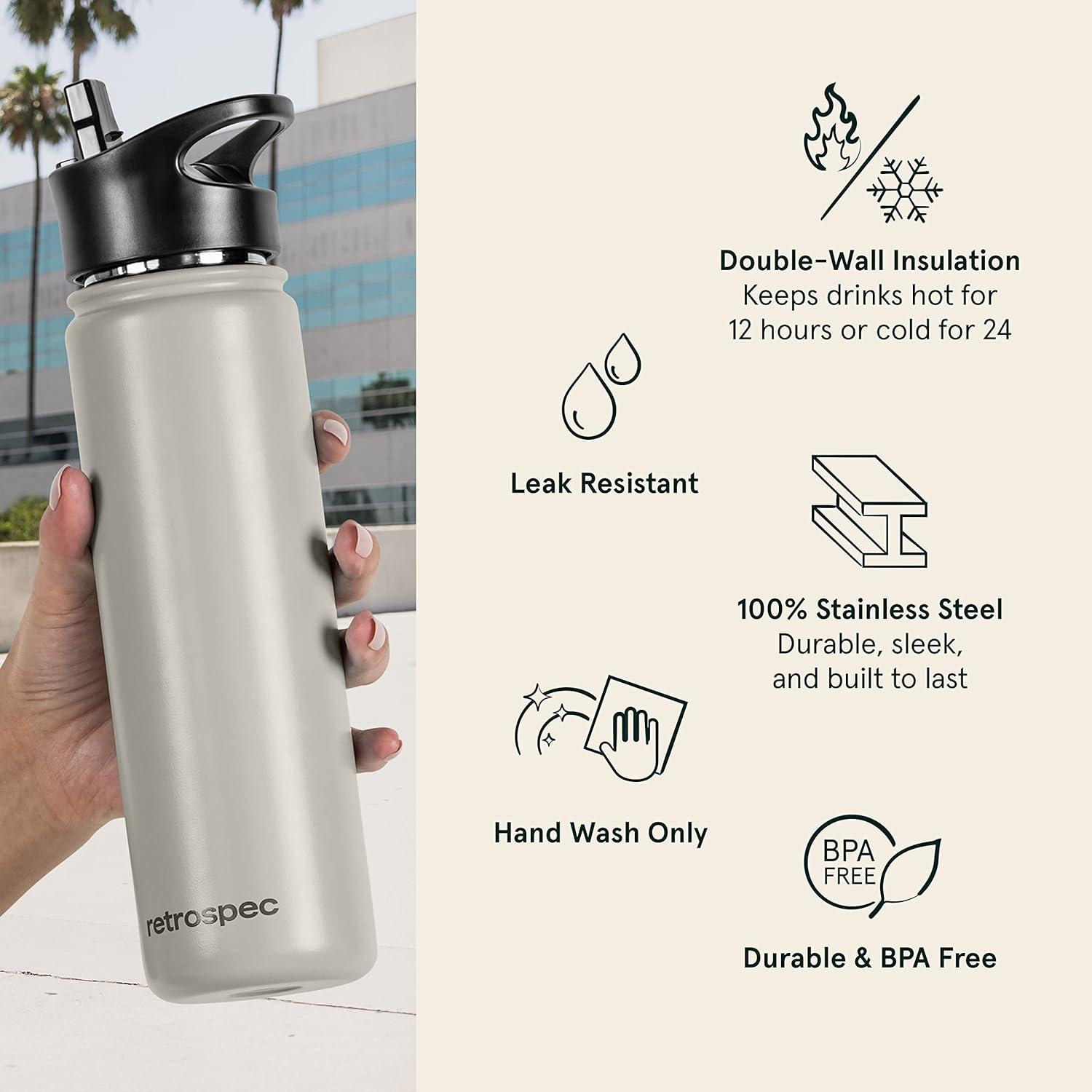 Retrospec Alder Insulated Water Bottle with Straw Lid & Handle Cap – Stainless Steel Wide Mouth Double-Wall Vacuum Insulated Thermos – BPA Free Leakproof Canteen(Abalone)