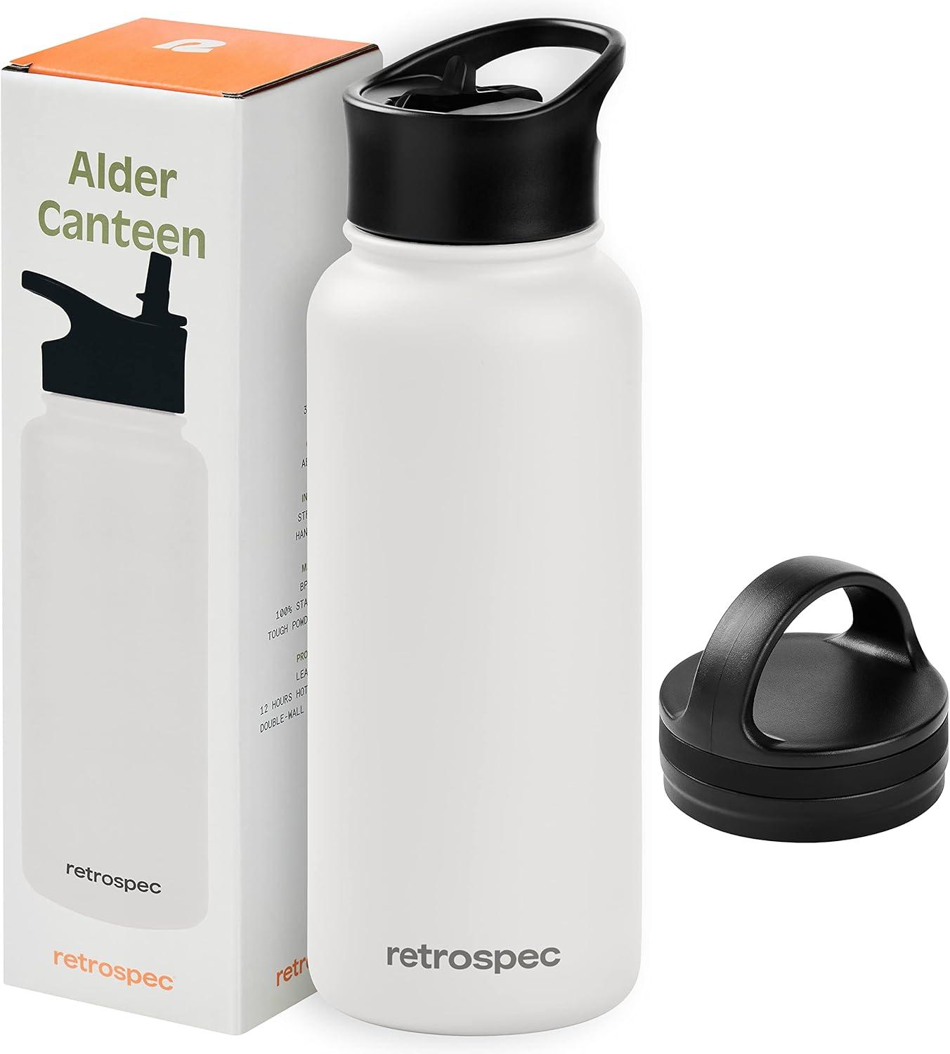 Retrospec Alder Insulated Water Bottle with Straw Lid & Handle Cap – Stainless Steel Wide Mouth Double-Wall Vacuum Insulated Thermos – BPA Free Leakproof Canteen(Abalone)