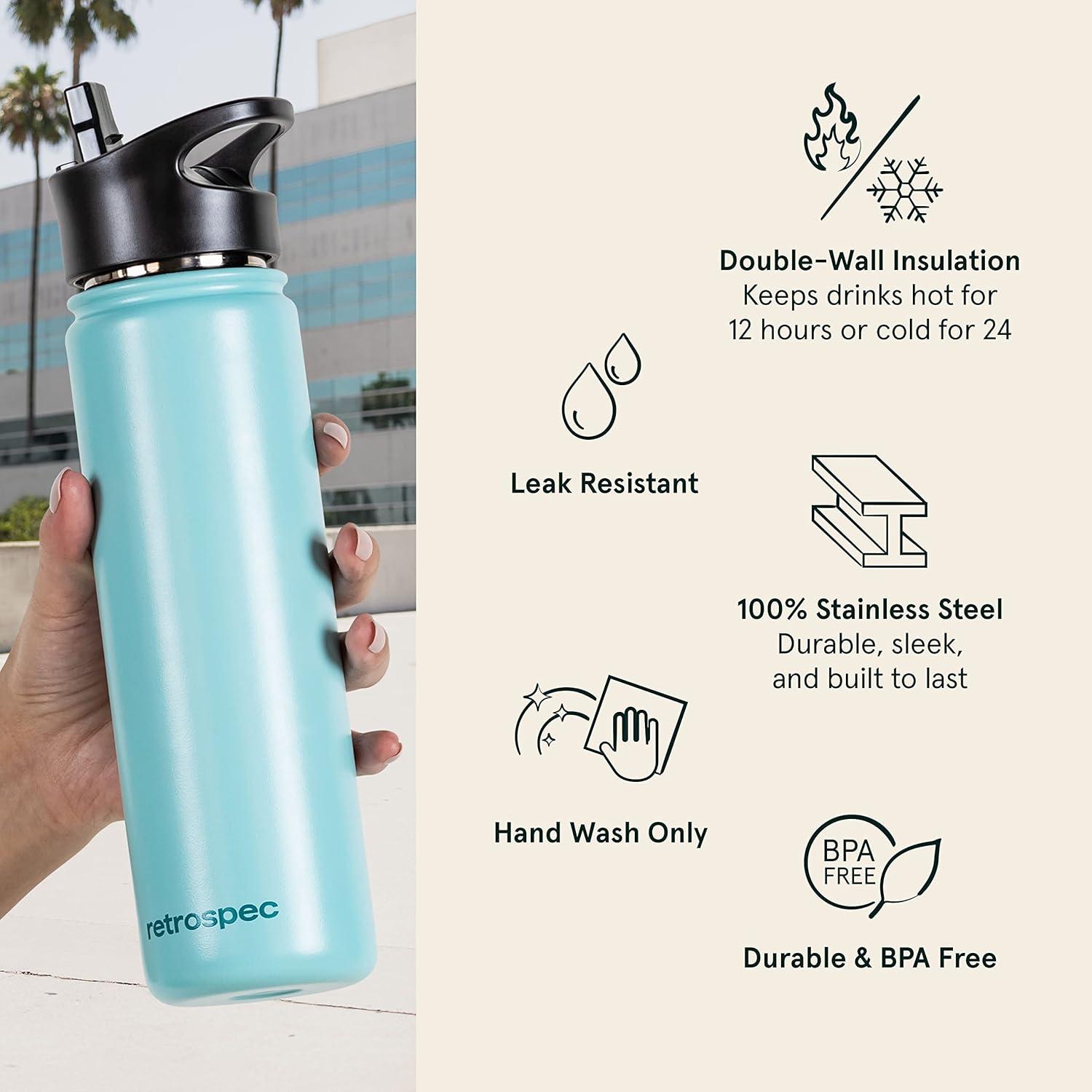 Retrospec Alder Insulated Water Bottle with Straw Lid & Handle Cap – Stainless Steel Wide Mouth Double-Wall Vacuum Insulated Thermos – BPA Free Leakproof Canteen(Blue Ridge)