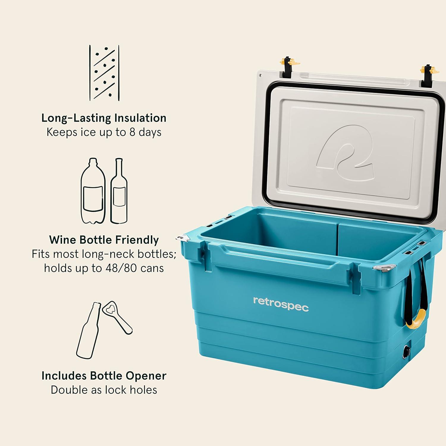 Retrospec Palisade Rotomolded Cooler – Fully Insulated Portable Ice Chest with Built in Bottle Opener, Tie-Down Slots & Dry Goods Basket – Large Beach, Camping & Travel Coolers 25, 45 & 65qt(Coastal Blue)
