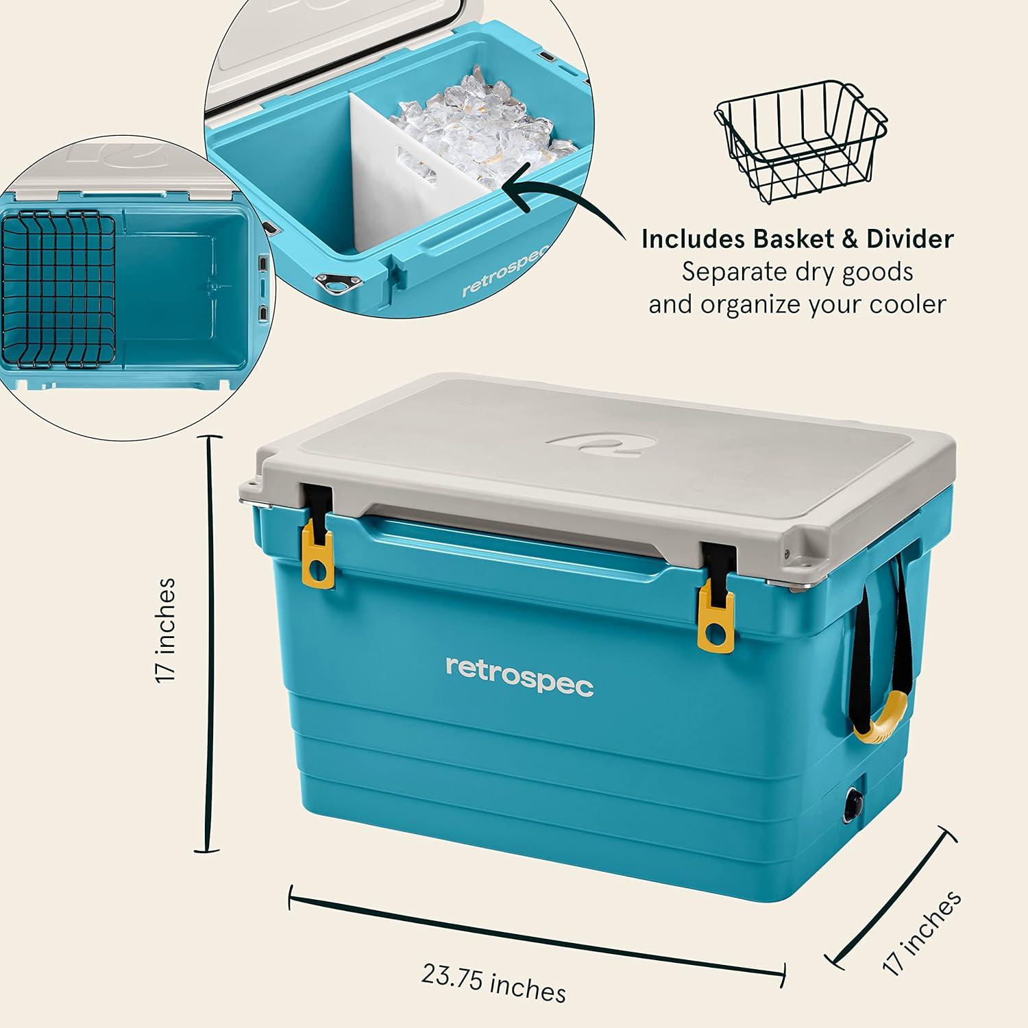 Retrospec Palisade Rotomolded Cooler – Fully Insulated Portable Ice Chest with Built in Bottle Opener, Tie-Down Slots & Dry Goods Basket – Large Beach, Camping & Travel Coolers 25, 45 & 65qt(Coastal Blue)