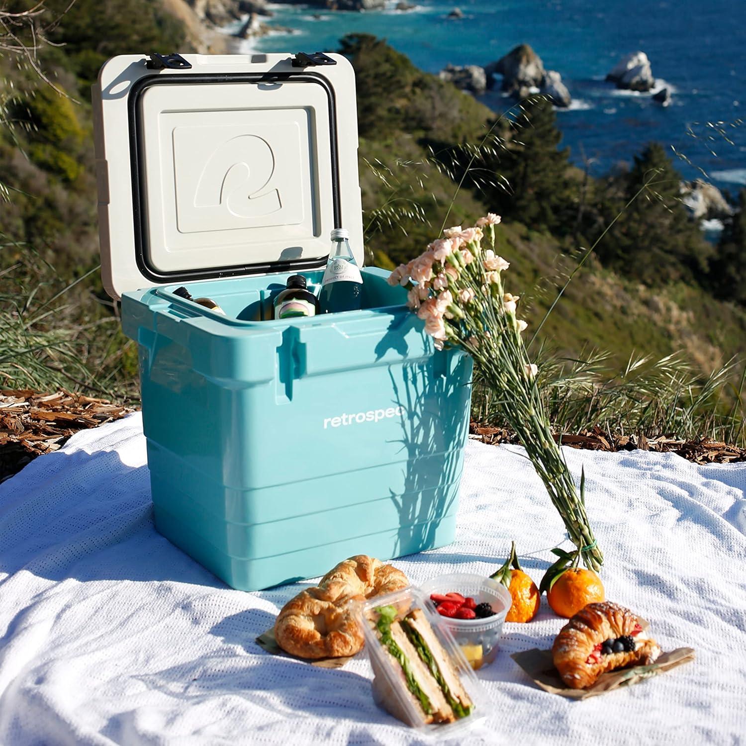 Retrospec Palisade Rotomolded Cooler – Fully Insulated Portable Ice Chest with Built in Bottle Opener, Tie-Down Slots & Dry Goods Basket – Large Beach, Camping & Travel Coolers 25, 45 & 65qt(Blue Ridge)