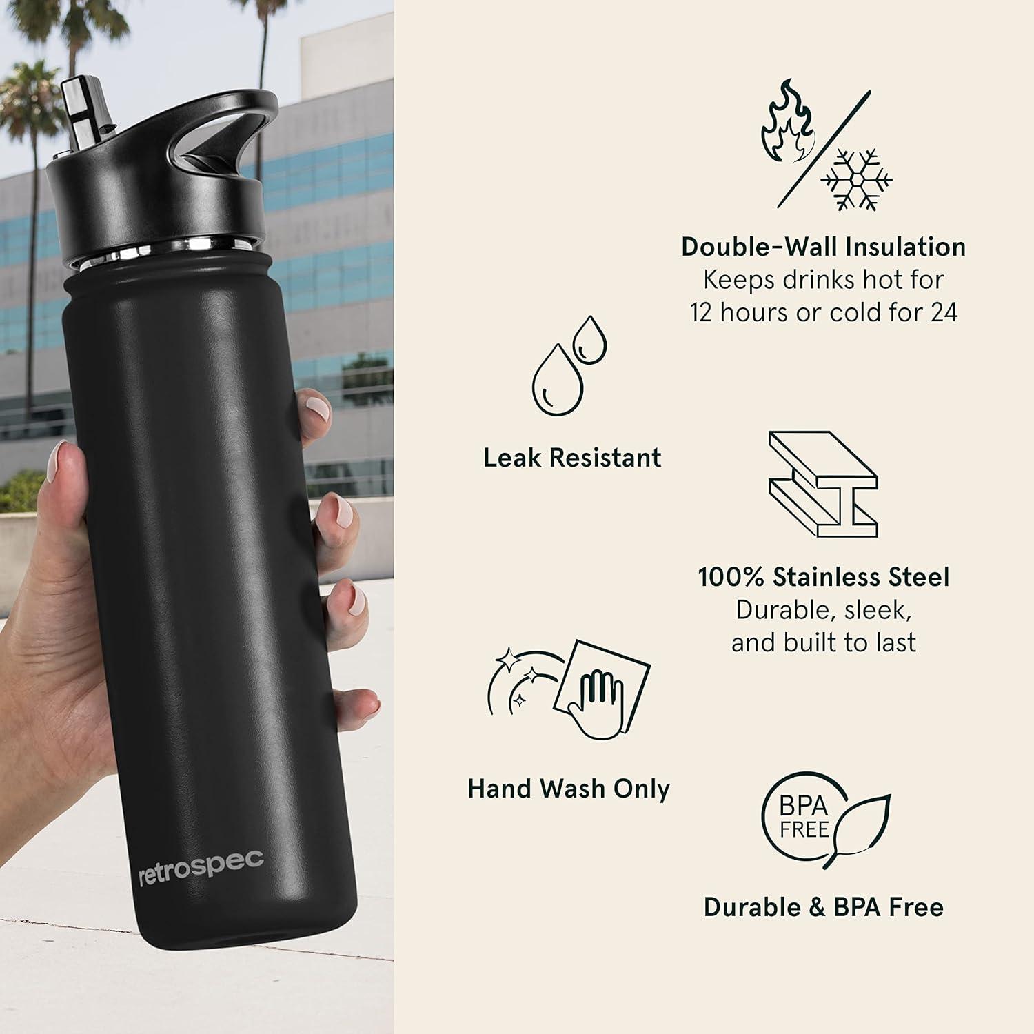 Retrospec Alder Insulated Water Bottle with Straw Lid & Handle Cap – Stainless Steel Wide Mouth Double-Wall Vacuum Insulated Thermos – BPA Free Leakproof Canteen(Black)