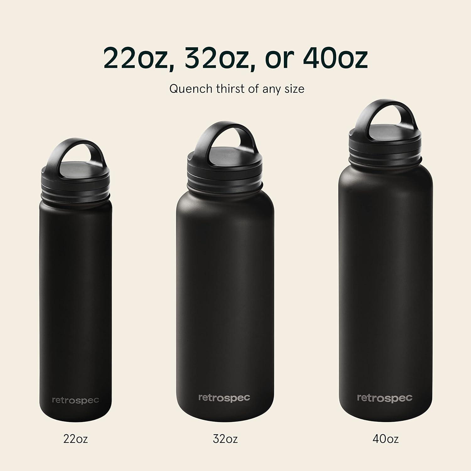 Retrospec Alder Insulated Water Bottle with Straw Lid & Handle Cap – Stainless Steel Wide Mouth Double-Wall Vacuum Insulated Thermos – BPA Free Leakproof Canteen(Black)